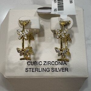 Sterling Silver Gold-Tone Butterfly Cubic Zirconia Hoop Earrings - Women Jewelry